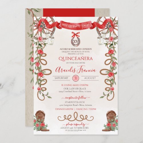 Red Green Rustic Boho Western Charra Quinceanera Invitation