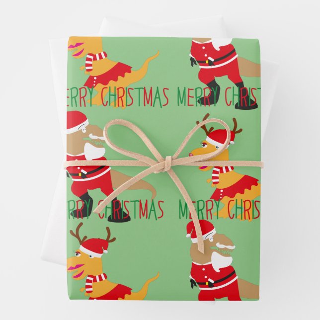 red green santa claus reindeer dinosaurs character wrapping paper sheets (In situ)
