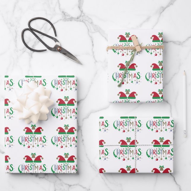 Red Green Santa Hat Christmas Bells Wrapping Paper Sheets (Front)