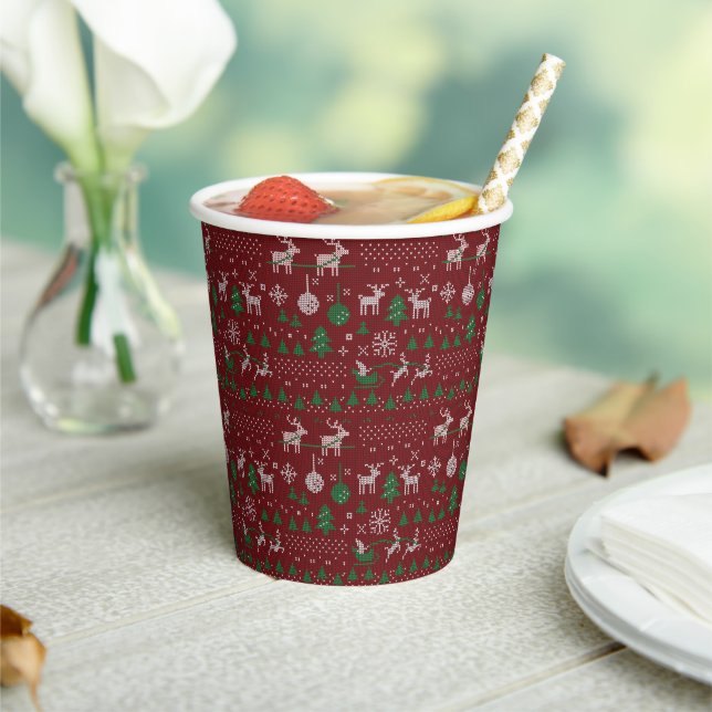 Red Green Santa Reindeer Ugly Christmas Sweater Paper Cups (Insitu)