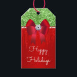 Red green satin bow glitter DIY Christmas wish Gift Tags<br><div class="desc">A beautiful illustration featuring a two tone deep red and faux glitter green background divided by a faux sparkly glitter band on which a printed satin red bow appears with a faux round cut diamond. The words "Happy Holidays" may be changed to any Xmas message or wish of your choice....</div>