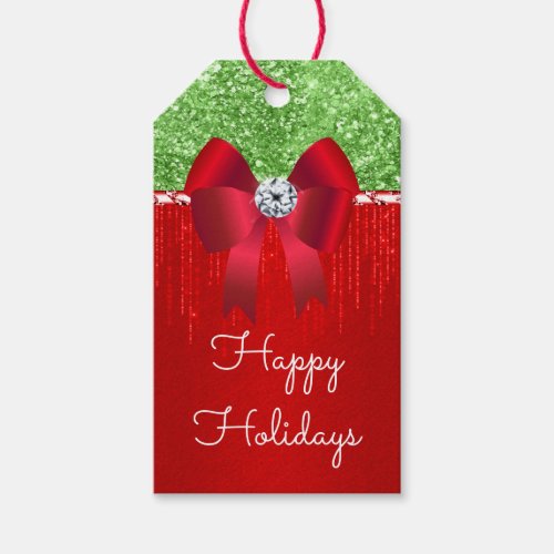 Red green satin bow glitter DIY Christmas wish Gift Tags