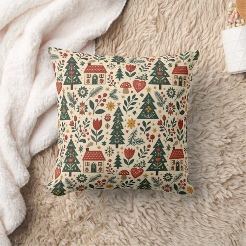 Red Green Scandinavian Folk Botanical Holiday Throw Pillow