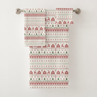 Red & Green Scandinavian Nordic Winter Christmas Bath Towel Set