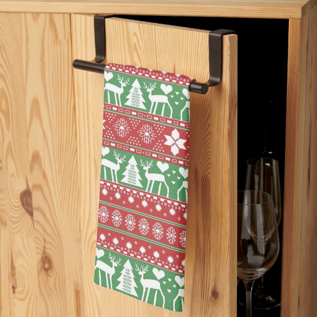 Red & Green Scandinavian Nordic Winter Christmas Kitchen Towel (Thirds Fold)