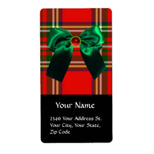 RED  GREEN SCOTTISH TARTAN AND CHRISTMAS BOWS LABEL