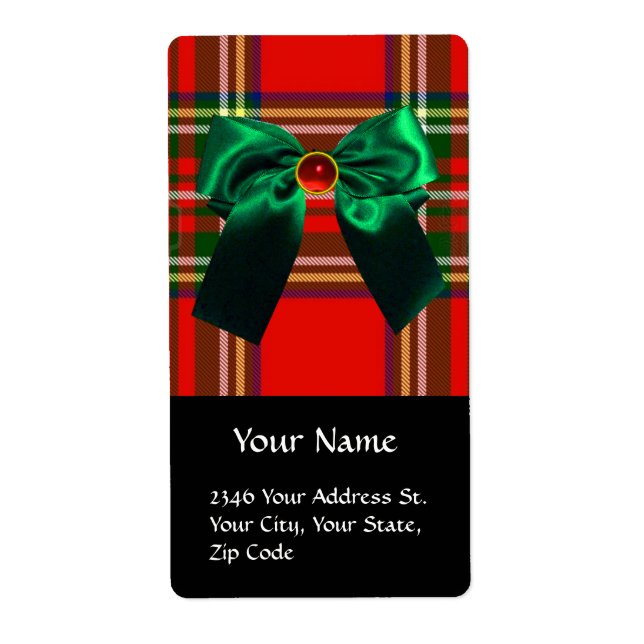 RED  GREEN SCOTTISH TARTAN AND CHRISTMAS BOWS LABEL (Front)