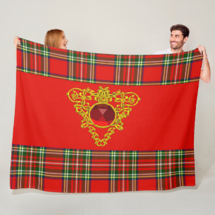 RED GREEN SCOTTISH TARTAN,GOLD CELTIC KNOTS HEART FLEECE BLANKET