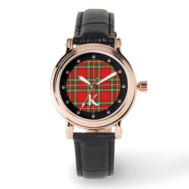 RED GREEN SCOTTISH TARTAN ,PINK GEMSTONES MONOGRAM WATCH (Front)