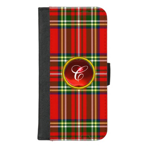 RED GREEN SCOTTISH TARTAN RUBY GEM STONE MONOGRAM iPhone 87 PLUS WALLET CASE