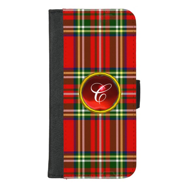 RED GREEN SCOTTISH TARTAN ,RUBY GEM STONE MONOGRAM iPhone WALLET CASE (Front)