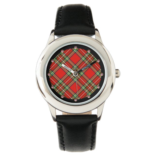 RED GREEN SCOTTISH TARTAN WITH PINK GEMSTONES WATCH (Front)