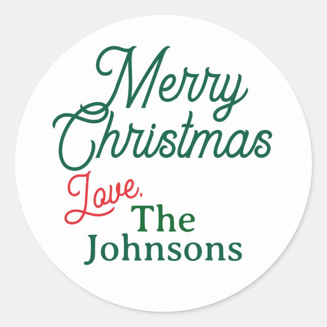 Red Green Script Custom Name Merry Christmas White Classic Round Sticker (Front)