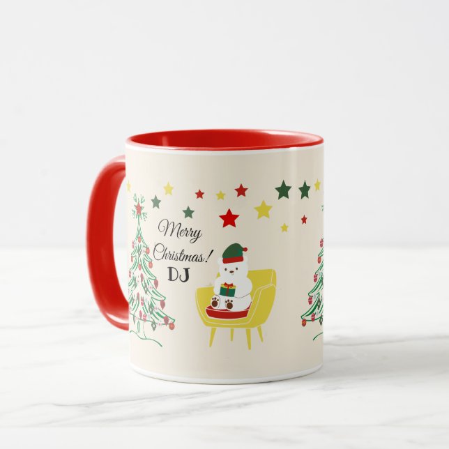 Red Green Script Star Tree Modern Merry Christmas  Mug (Front Left)