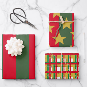 Red green shiny gold stars plaid 2 wrapping paper sheets