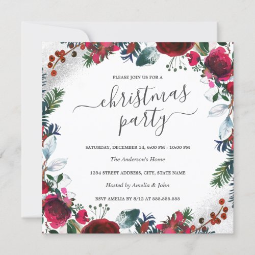 Red Green Silver Floral Wreath Christmas Party   Invitation