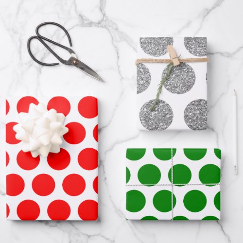 Red Green Silver Glitter Polka Dot Christmas Wrapping Paper Sheets