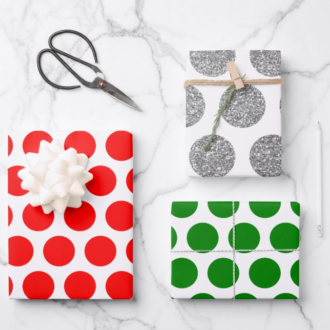 Red Green Silver Glitter Polka Dot Christmas Wrapping Paper Sheets (Front)