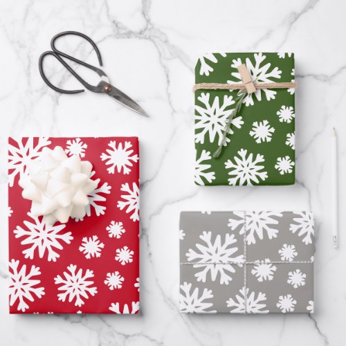 Red Green Silver Gray Snowflakes Christmas Holiday Wrapping Paper Sheets