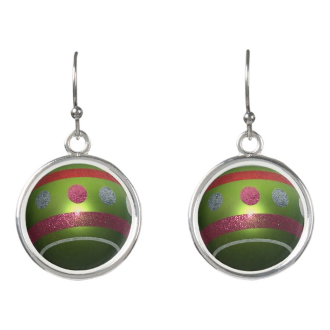 Red Green Silver Ornament Balls Earrings (Front)