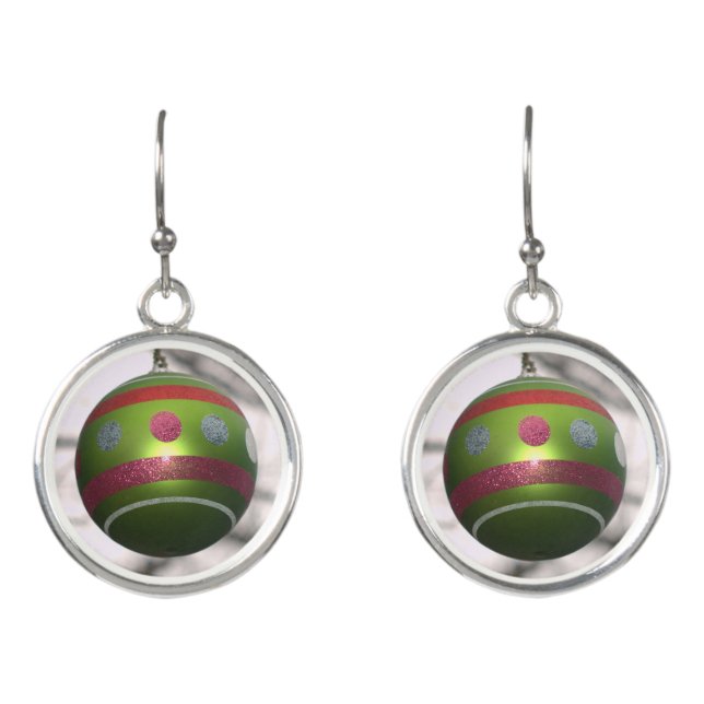 Red Green Silver Ornament Balls Snowy Branches Earrings (Front)