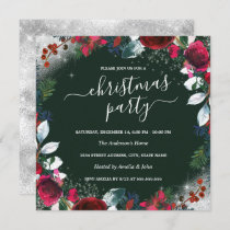 Red Green Silver Sparkle Wreath Christmas Party  Invitation