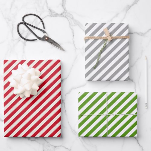 Red Green Silver Striped Christmas Wrapping Paper Sheets