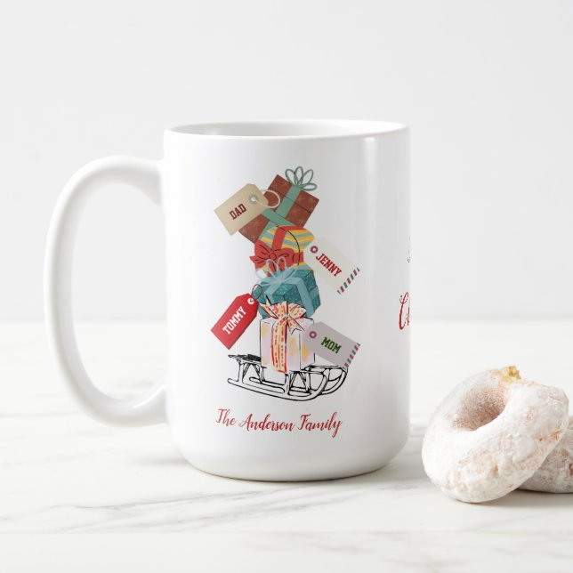 Red Green Sleigh Script Trendy Unique  Christmas Coffee Mug (With Donut)