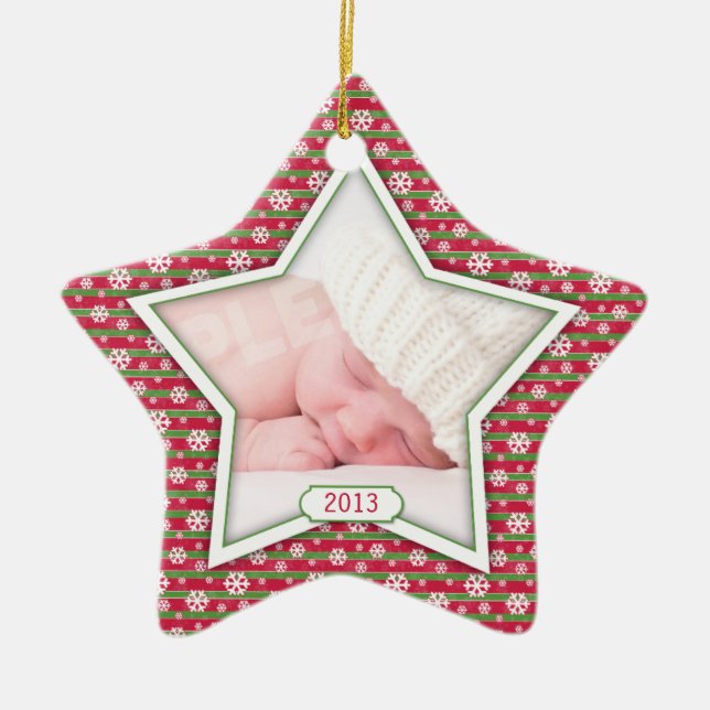 Red Green Snowflake Star Baby's First Christmas Ceramic Ornament (Front)