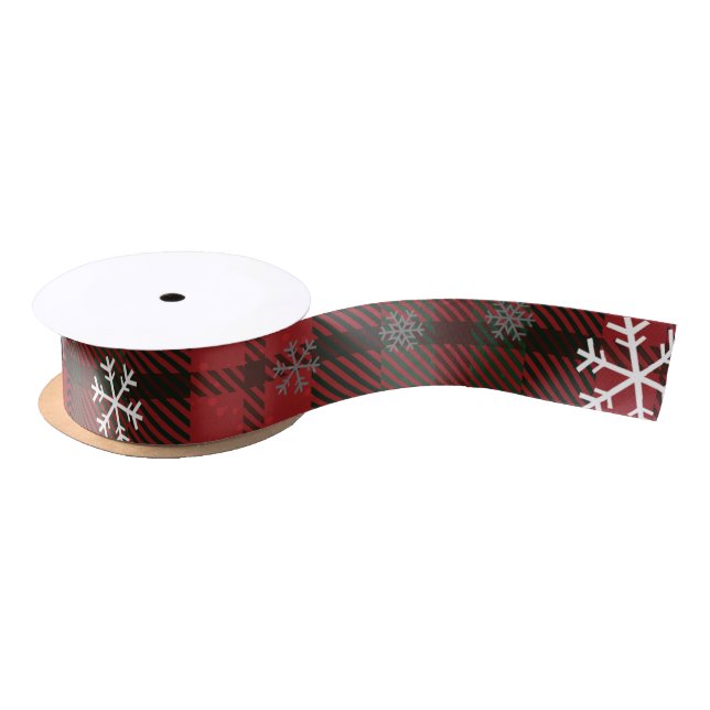 Red Green Snowflakes Rustic Pattern Christmas Satin Ribbon (Spool)