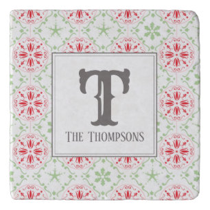 Red Green Snowflakes Simple Trendy Monogram Trivet