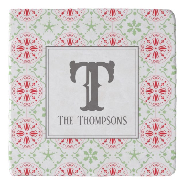 Red Green Snowflakes Simple Trendy Monogram Trivet (Front)