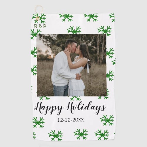 red green snowflakes text photo merry christmas golf towel