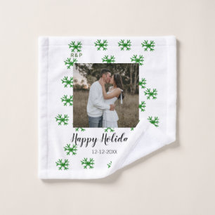 red green snowflakes text photo merry christmas wash cloth