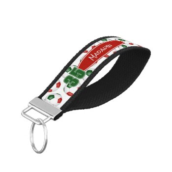 Red Green Soccer Balls Pattern Athlete Name Wrist Keychain by katz_d_zynes at Zazzle