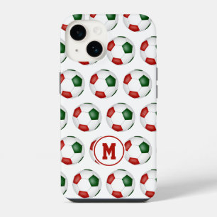 red green soccer balls pattern monogrammed iPhone 14 case