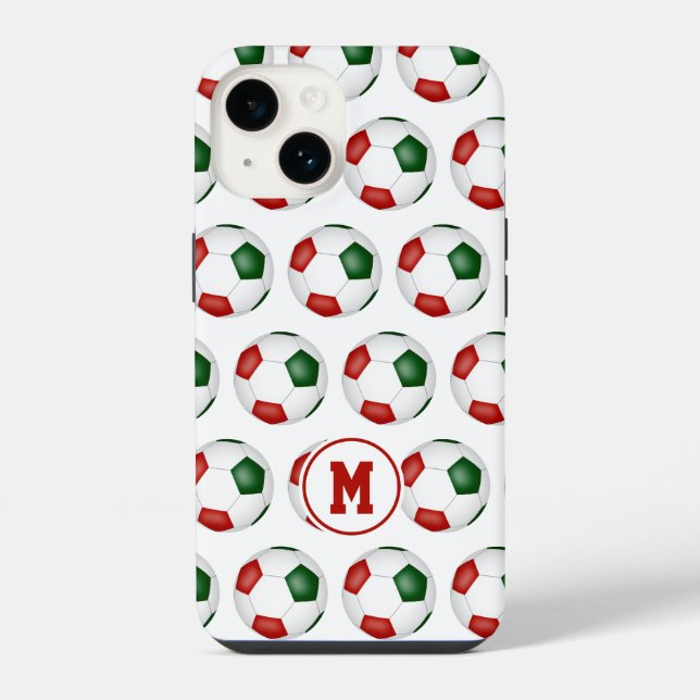red green soccer balls pattern monogrammed iphone case (Back)