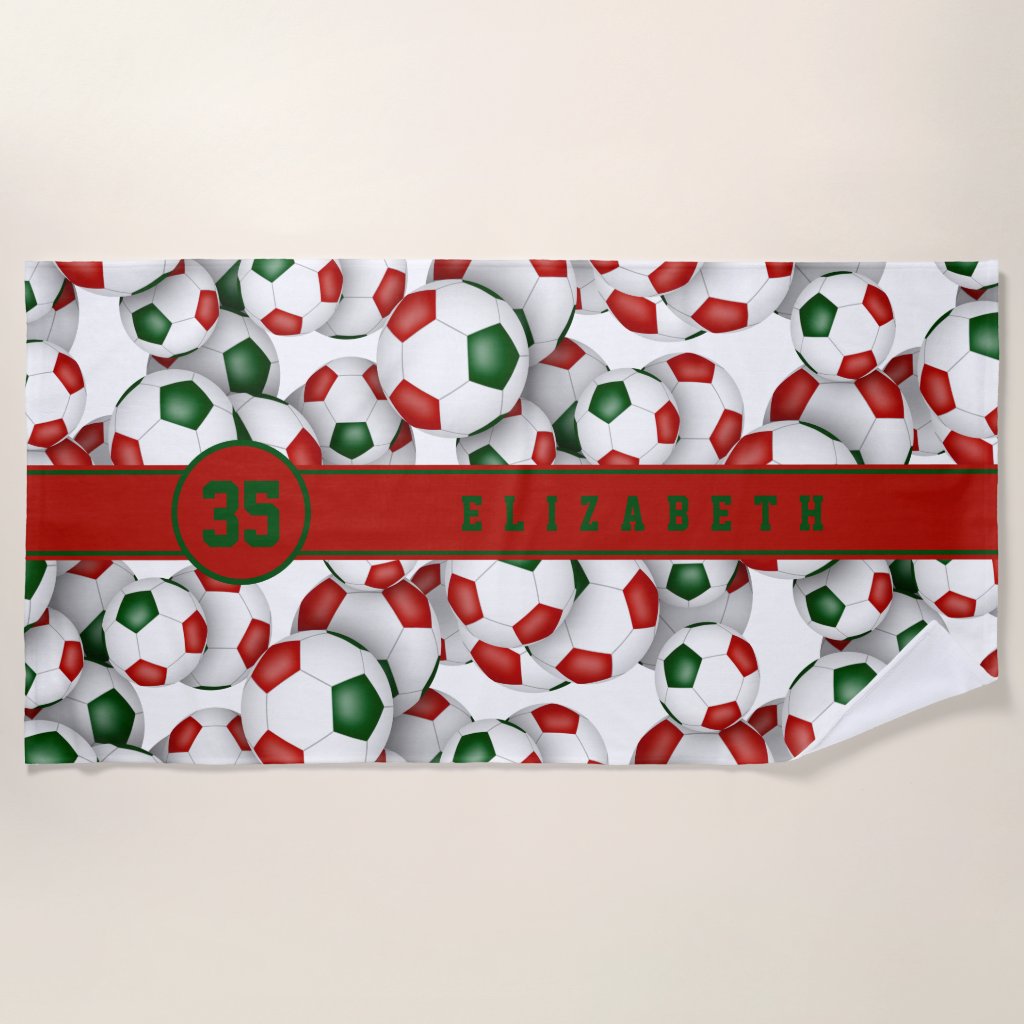Red green soccer balls pattern personalized name beach towel