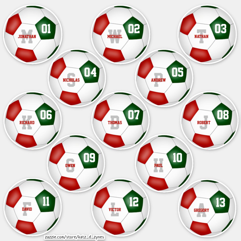 red green soccer team 13 individually personalized stickers