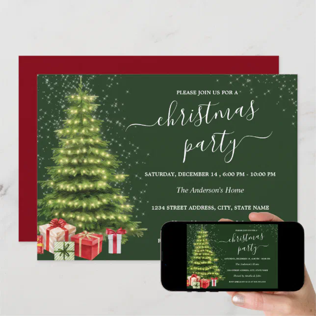 Red Green Sparkle Tree Lights Christmas Party Invitation | Zazzle