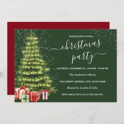 Red Green Sparkle Tree Lights Christmas Party Invitation