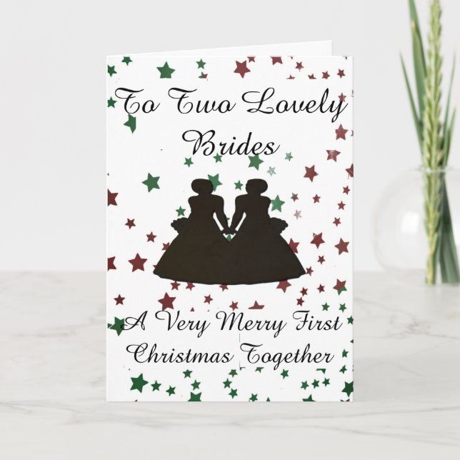 Red &Green Star Bride Silhouette Gay 1st Christmas Holiday Card (Front)