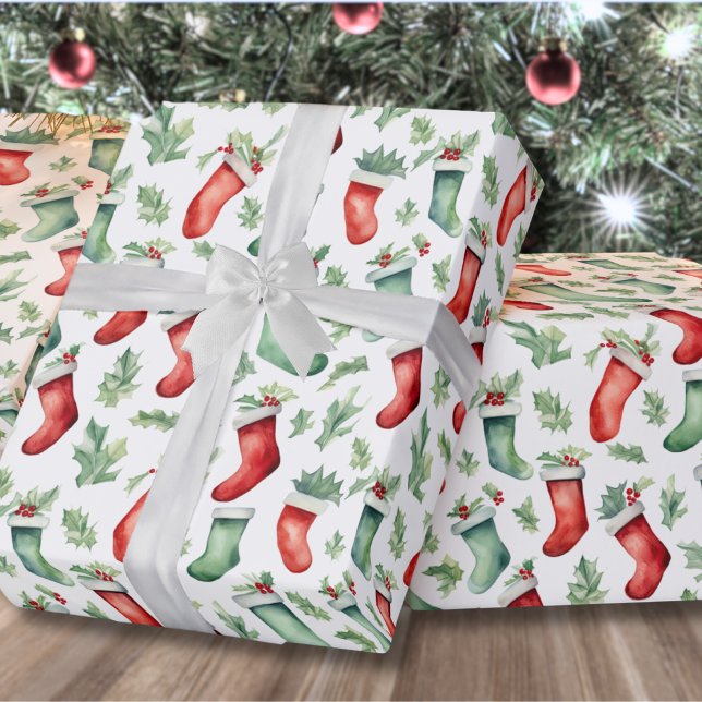 Red Green Stockings Christmas Wrapping Paper (Traditional Festive Red Green Stockings Christmas Wrapping Paper)