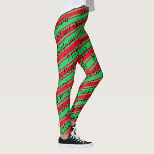Red Green Stripe Candy Cane Merry Christmas Leggings