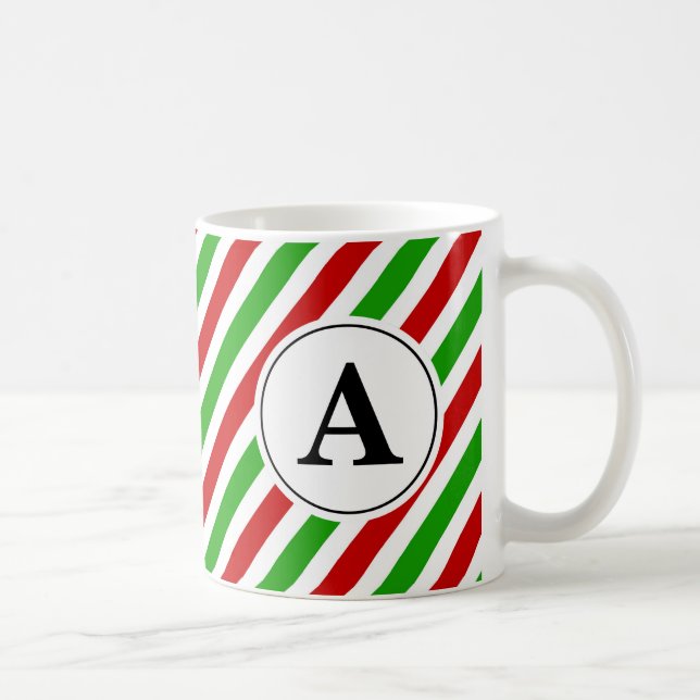 Red Green Stripe Christmas Monogram Coffee Mug (Right)