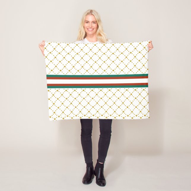 Red|Green Stripe |Gold Crown Pattern Royal Fleece Blanket (In Situ)