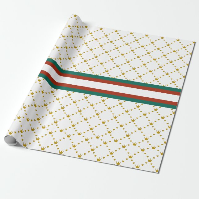 Red|Green Stripe |Gold Crown Pattern Royal Wrapping Paper (Unrolled)
