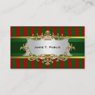 Red Green Stripe, Green & Gold Ribbon, Gold Label Business Card