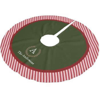 Red Green Stripe Monogram Family Name Brushed Polyester Tree Skirt by MaggieMart at Zazzle