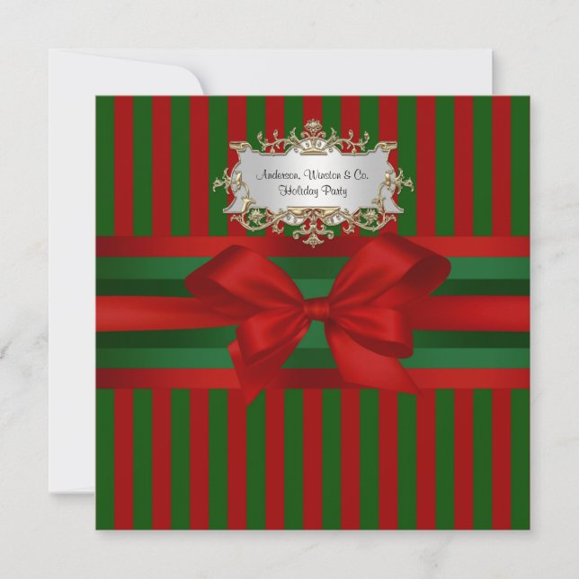 Red Green Stripe Ribbon & Bow Chrismas Invitation (Front)